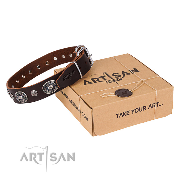 Top notch genuine leather dog collar handcrafted for comfy wearing