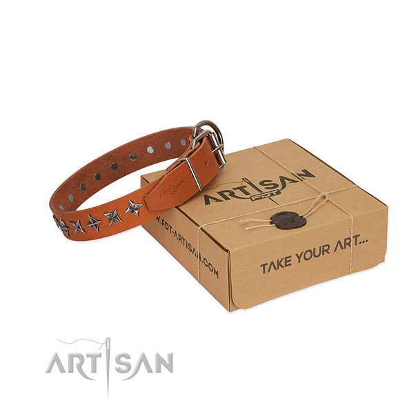 Easy wearing dog collar of reliable natural leather with decorations