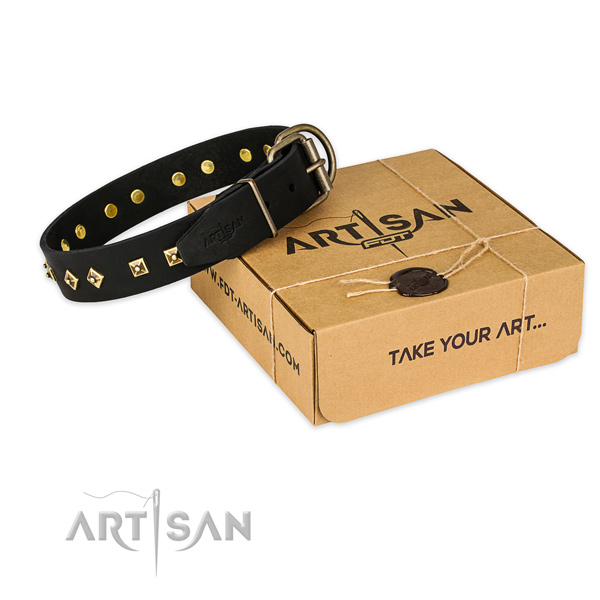 Rust-proof traditional buckle on full grain natural leather dog collar for everyday use