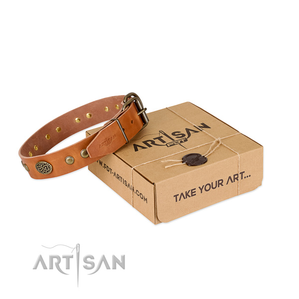 Rust-proof D-ring on full grain genuine leather dog collar for your doggie