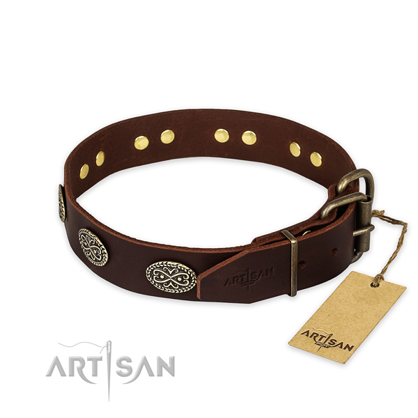 Rust resistant hardware on full grain natural leather collar for your attractive four-legged friend