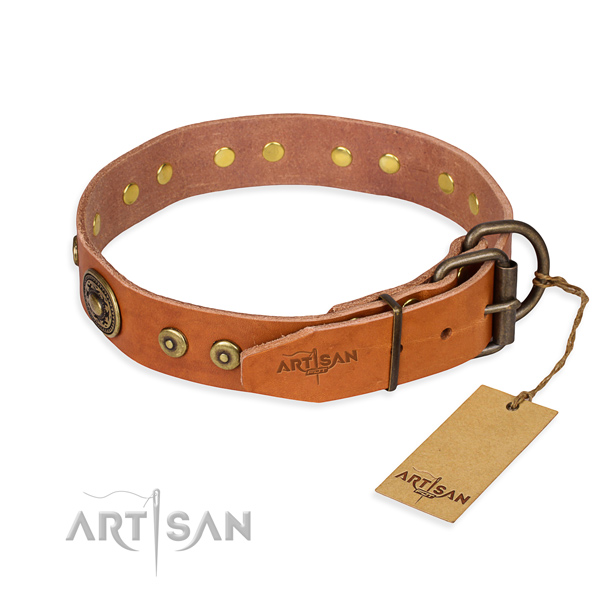 Genuine leather dog collar made of reliable material with corrosion proof embellishments