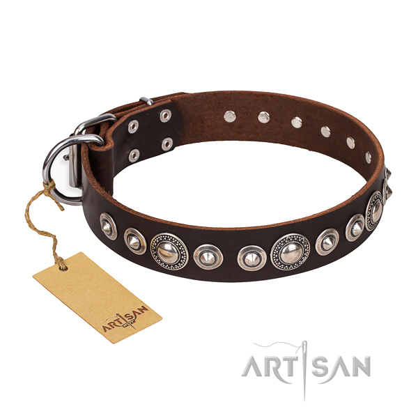 Full grain leather dog collar made of reliable material with strong decorations