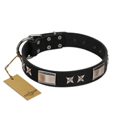 "Pitch Dark" FDT Artisan Black Leather English Bulldog Collar with Stars and Plates