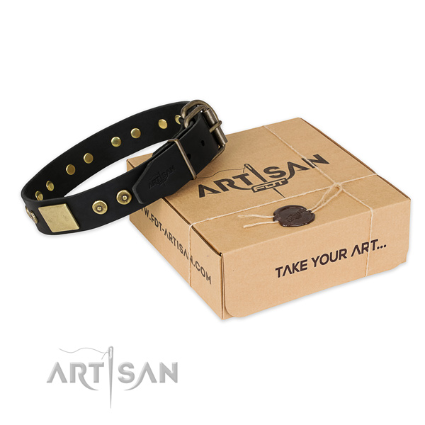 Strong traditional buckle on natural genuine leather dog collar for comfortable wearing