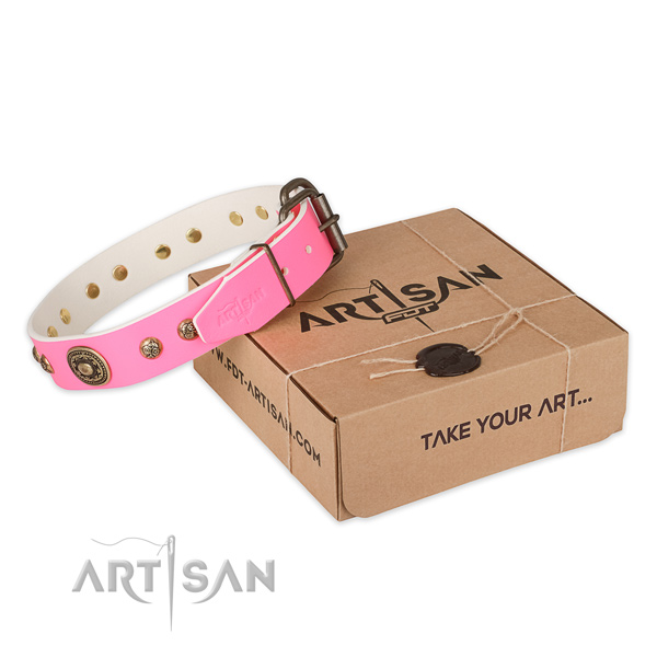 Corrosion resistant hardware on natural genuine leather dog collar for fancy walking