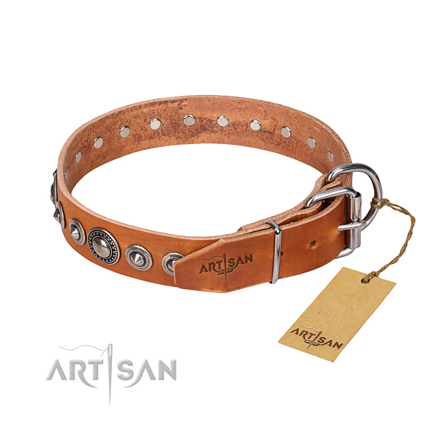 Full grain leather dog collar made of flexible material with durable adornments