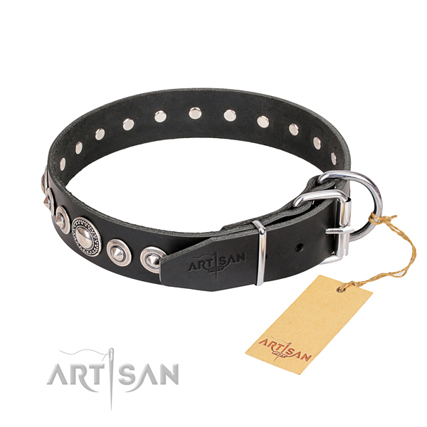 Quality decorated dog collar of full grain natural leather
