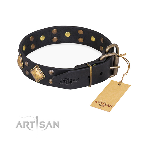 Full grain natural leather dog collar with top notch strong adornments