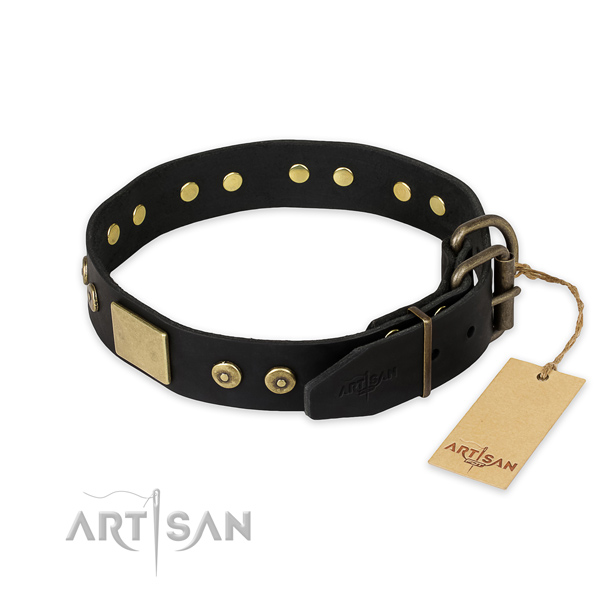 Rust resistant D-ring on full grain genuine leather collar for fancy walking your doggie