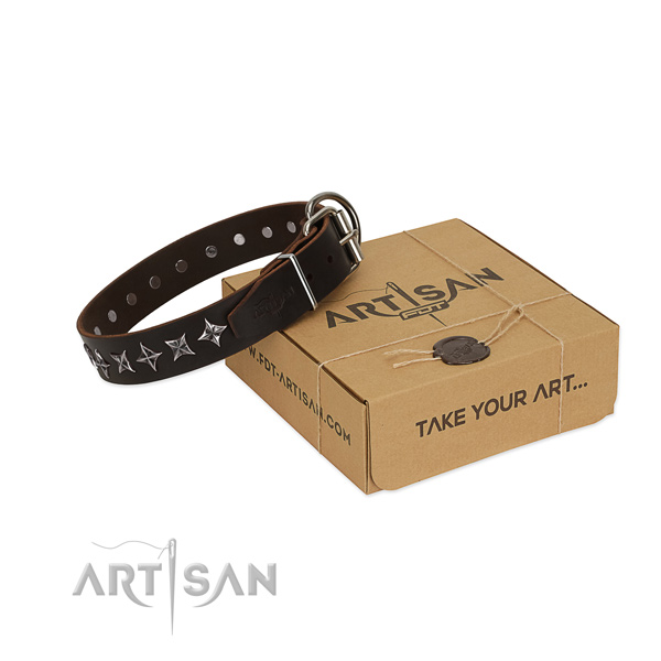 Easy wearing dog collar of strong full grain natural leather with adornments