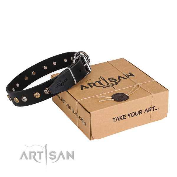 Strong natural genuine leather dog collar handcrafted for everyday walking