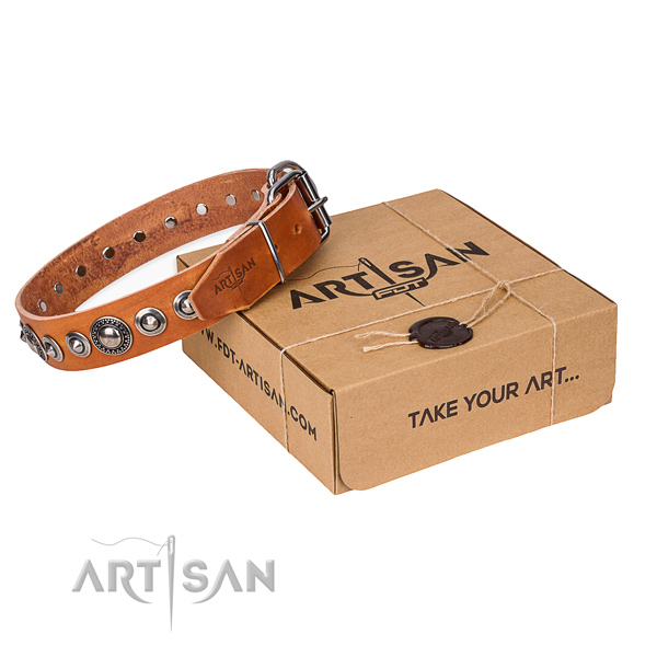 Full grain natural leather dog collar made of gentle to touch material with rust resistant D-ring