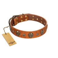 "Rockstar" FDT Artisan Tan Leather English Bulldog Collar with Engraved Studs and Medallions
