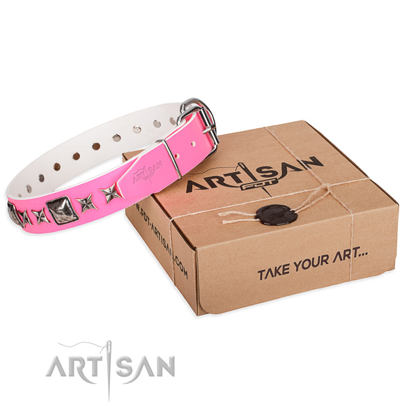 Daily use full grain leather dog collar with decorations