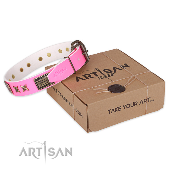 Reliable traditional buckle on full grain genuine leather collar for your stylish four-legged friend