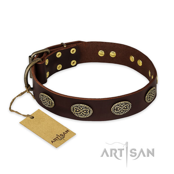 Extraordinary full grain natural leather dog collar with reliable hardware