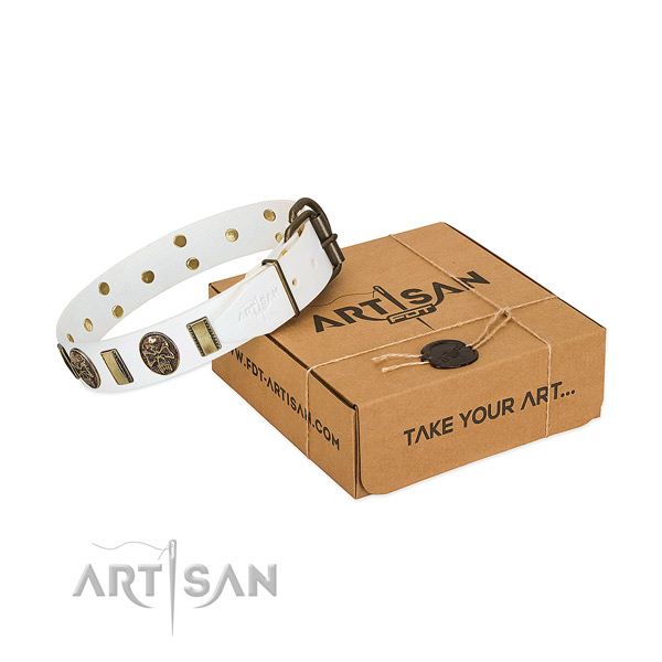 Corrosion resistant D-ring on full grain genuine leather dog collar for comfortable wearing