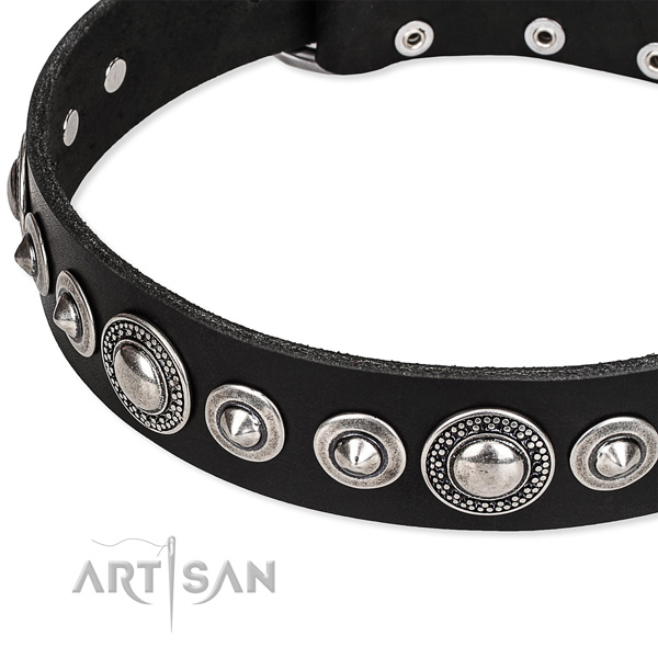 Comfortable wearing decorated dog collar of strong full grain genuine leather