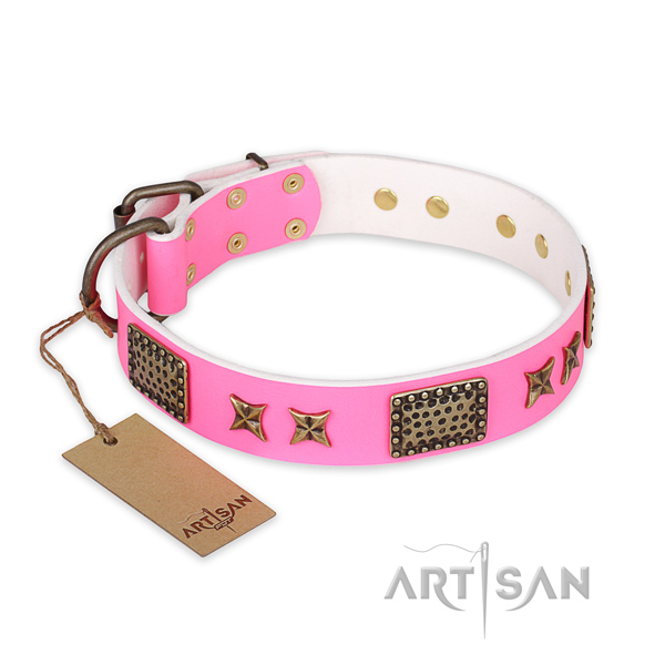 Adorned full grain genuine leather dog collar with rust resistant buckle