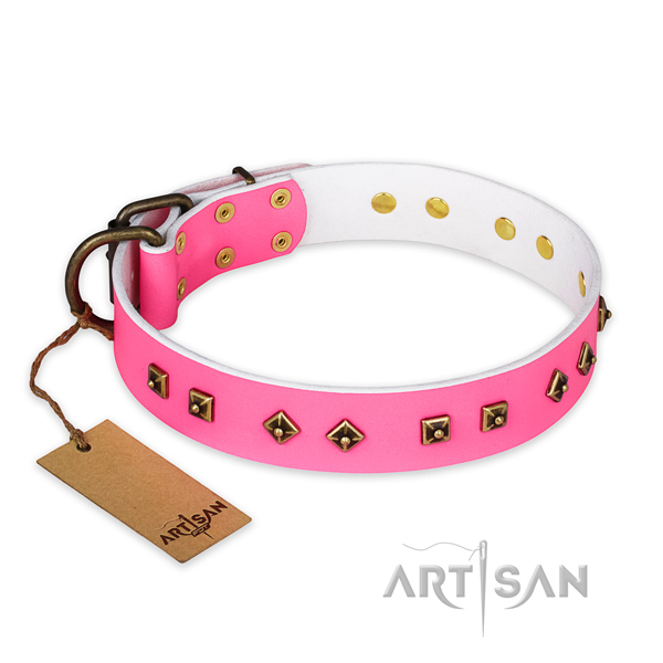 Adorned natural leather dog collar with reliable buckle