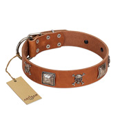 "Amorous Escapade" Embellished FDT Artisan Tan Leather English Bulldog Collar with Chrome Plated Crossbones and Plates