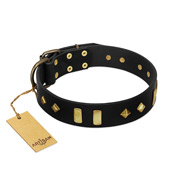 "De Luxe" FDT Artisan Black Leather English Bulldog Collar with Old Bronze-like Plates and Studs