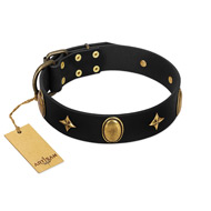 "Star Powder" FDT Artisan Black Leather English Bulldog Collar with Ovals and Stars - 1 1/2 inch Wide