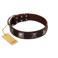 "Nut-Brown Finery" Embellished FDT Artisan Brown Leather English Bulldog Collar with Chrome Plated Crossbones and Plates