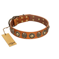 "Golden Epoch" FDT Artisan Tan Leather English Bulldog Collar with Old Bronze-plated Medallions and Conchos