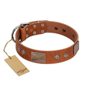 "Great Obelisk" Handcrafted FDT Artisan Tan Leather English Bulldog Collar with Large Plates and Pyramids