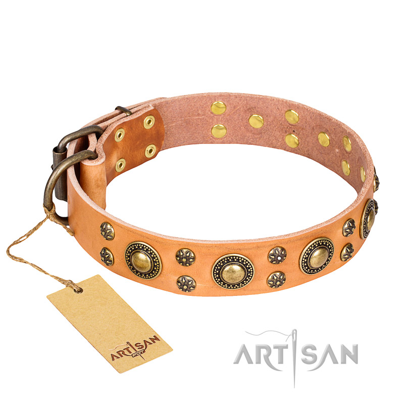 'Sophisticated Glamor' FDT Artisan Tan Leather English Bulldog Collar with Fancy Old-Bronze Plated Decorations