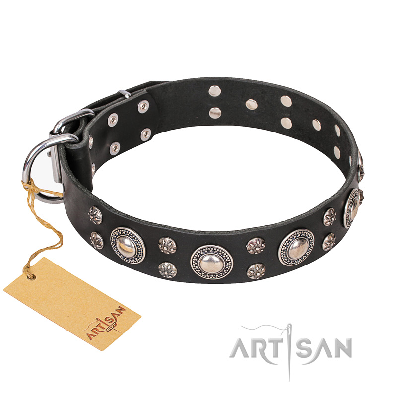 FDT Artisan 'Vintage Necklace' Studded Black Leather English Bulldog Dog Collar - 1 1/2 inch (40mm) wide