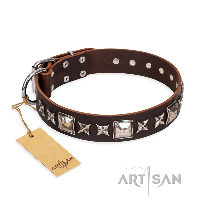 "Perfect Impression" FDT Artisan Brown Leather English Bulldog Collar with Silver-Like Studs - 1 1/2 inch (40 mm) Wide
