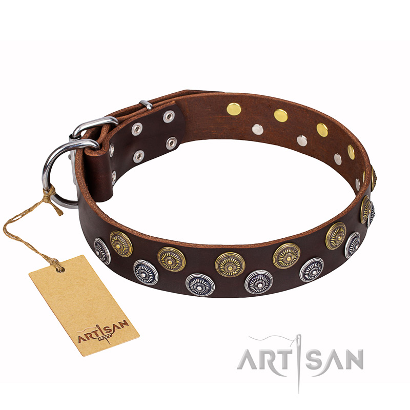 'Strong Shields' FDT Artisan Brown Leather English Bulldog Collar with Exquisite Decorations