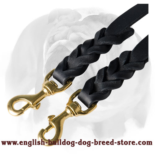 English Bulldog Braided Leather Coupler for 2 Dogs - Click Image to Close