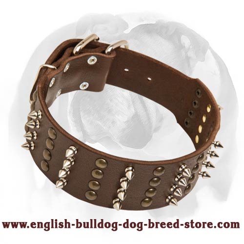 Top popular super wide leather dog collar adorned with spikes and studs for English Bulldog breed