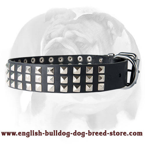 English Bulldog Wide 3 Rows Pyramids Leather Dog Collar