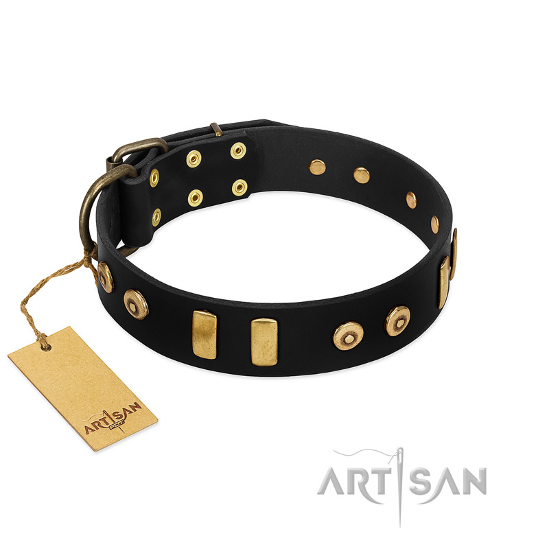"Rare Dog" FDT Artisan Black Leather English Bulldog Collar with Old Bronze-like Dotted Studs and Tiles