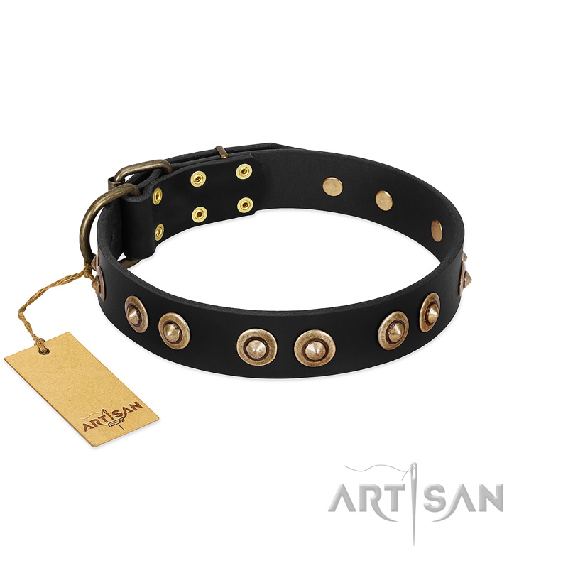 "Golden Artifact" FDT Artisan Black Leather English Bulldog Collar with Old-bronze Covered Medallions