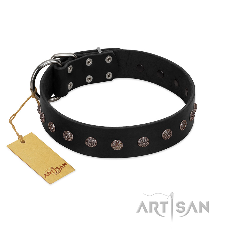 "Flower Rhapsody" FDT Artisan Premium Quaulity Black Leather English Bulldog Collar - Click Image to Close