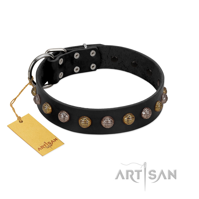 "Inky Prettification" FDT Artisan Black Leather English Bulldog Collar with One Row of Studs