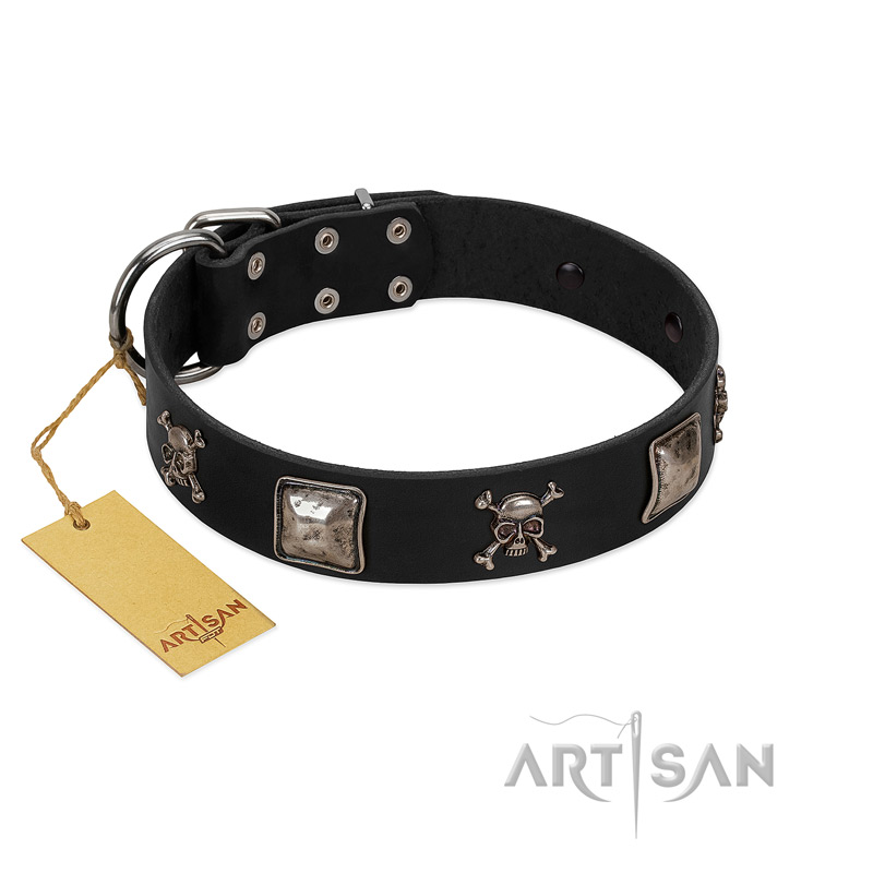 "Sea Rover" Embellished FDT Artisan Black Leather English Bulldog Collar with Chrome Plated Crossbones and Plates
