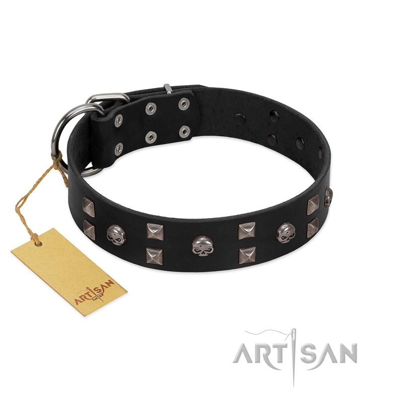 "Fire Eyes" Designer Handmade FDT Artisan Black Leather English Bulldog Collar