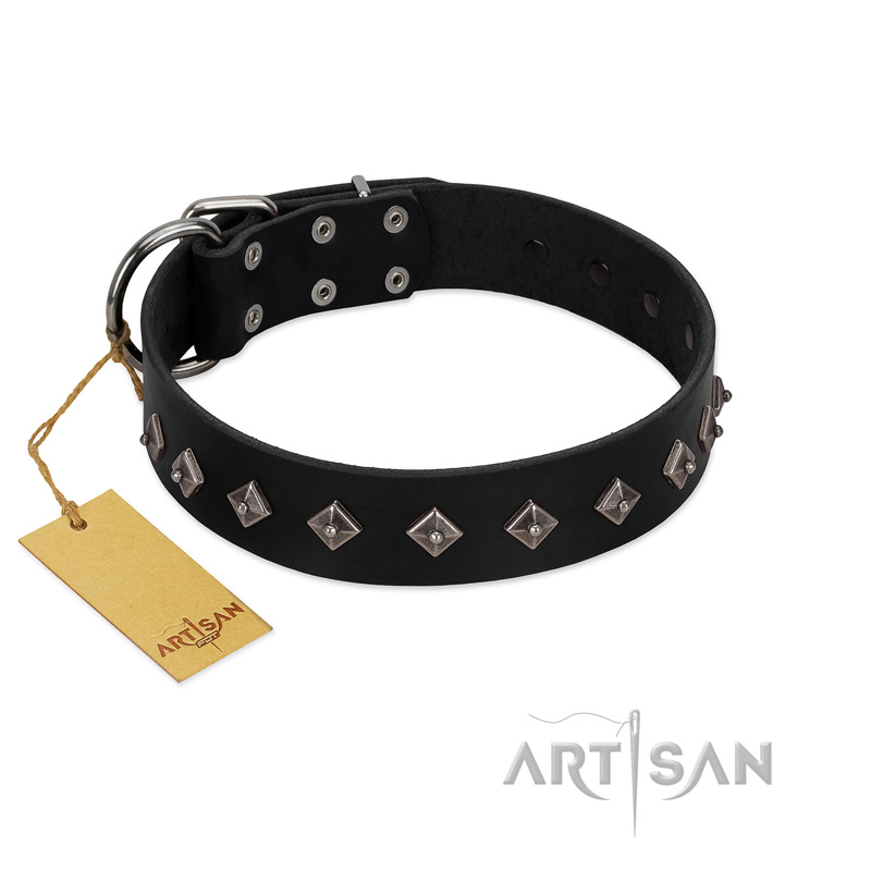 "Immense Power" Handcrafted FDT Artisan Black Leather English Bulldog Collar with Small Dotted Pyramids