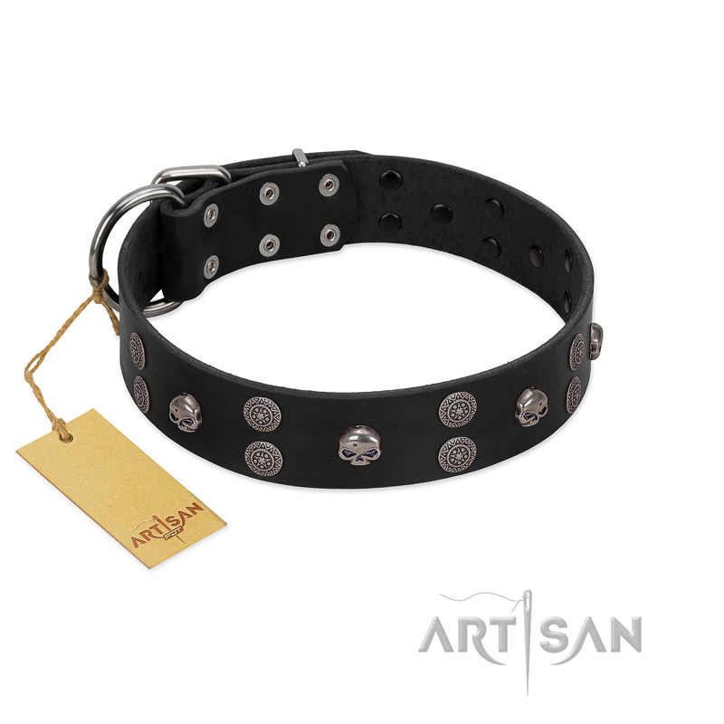 "Skull Art" Designer Handmade FDT Artisan Black Leather English Bulldog Collar with Skulls