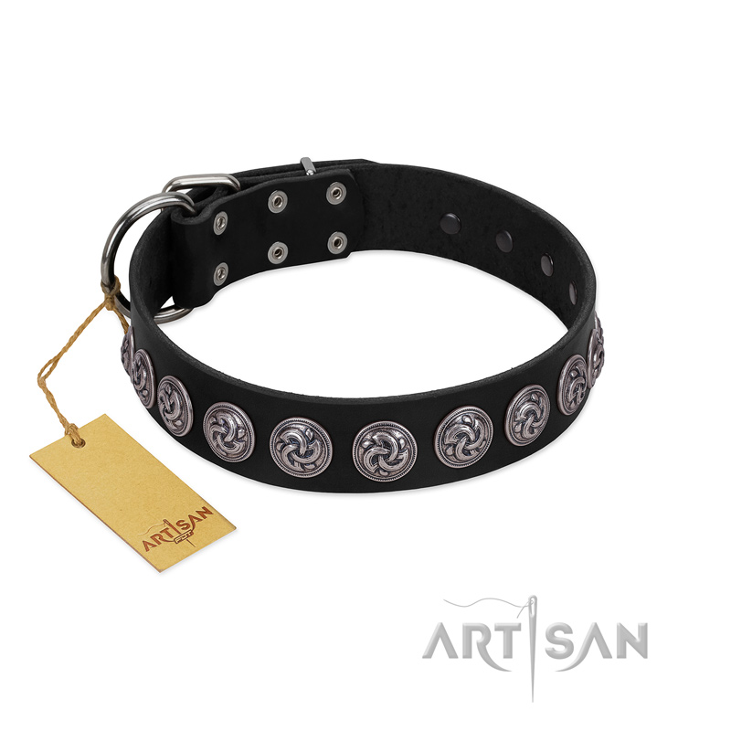 "Black Raven" Handmade FDT Artisan Black Leather English Bulldog Collar with Silver-Like Adornments