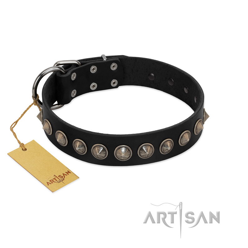 "Black Eagle" Handcrafted FDT Artisan Black Leather English Bulldog Collar with Silver-Like Adornments