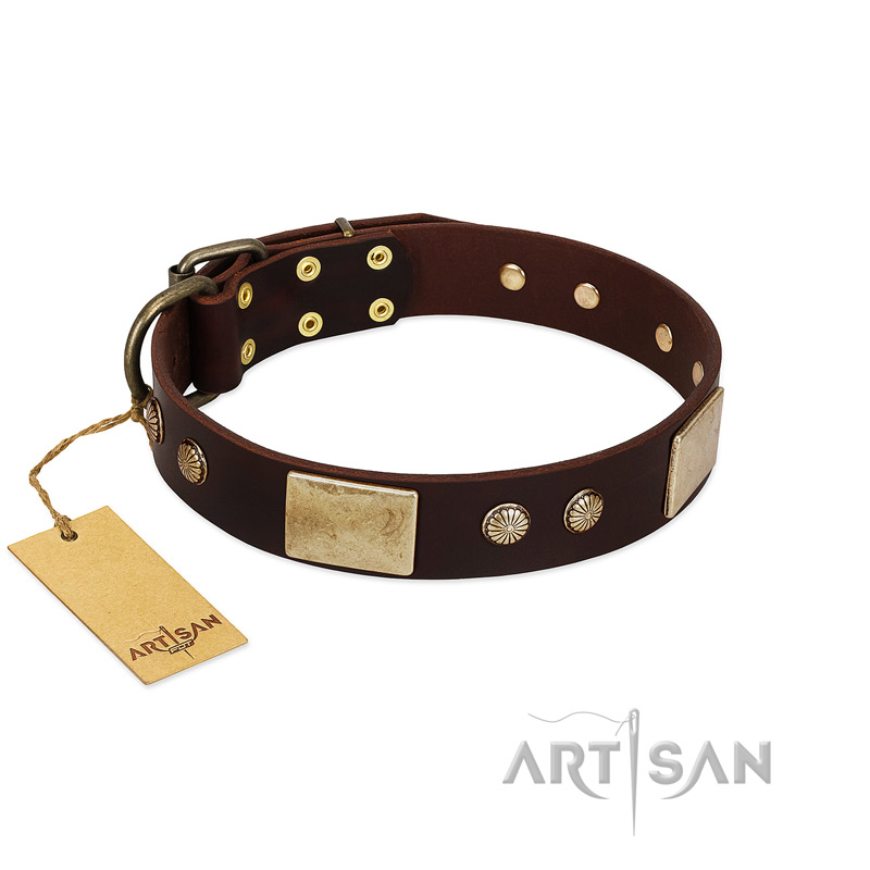 "Middle Age" FDT Artisan Brown Leather English Bulldog Collar with Old Bronze-Plated Engraved Flowers and Large Plates
