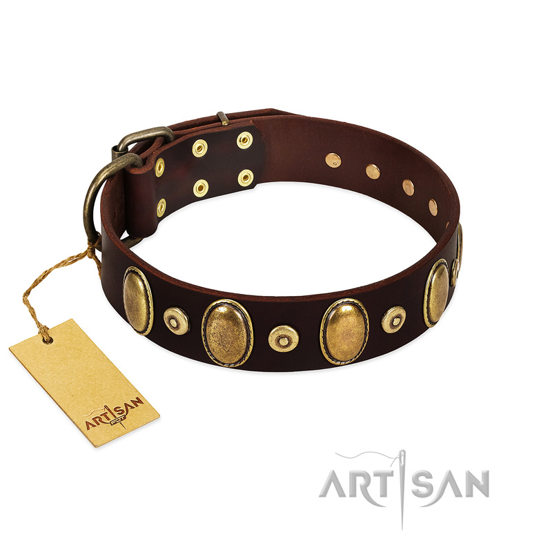 "Retro Pusle" FDT Artisan Brown Leather English Bulldog Collar with Old Bronze-like Studs and Oval Brooches